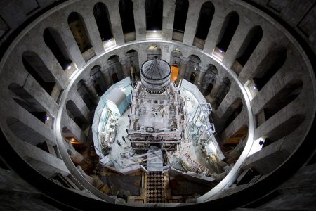 The shrine that houses the traditional burial place of Jesus Christ is undergoing restoration inside the Church of the Holy Sepulchre in Jerusalem. (Oded Balilty/National Geographic)