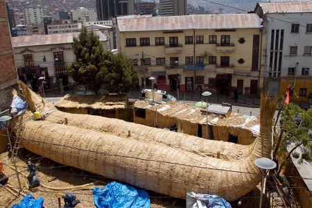 Workers continue construction of a reed boat built by Bolivian Aymara Indians in La Paz, Bolivia, Wednesday, Oct. 19, 2016. (Juan Karita/AP)