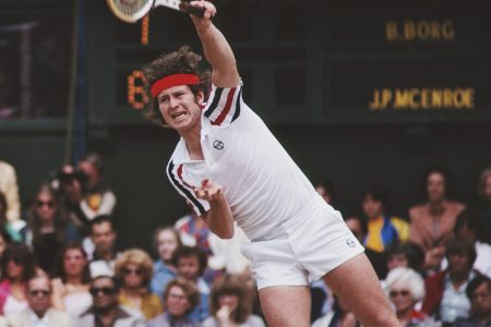 John McEnroe of the United States serves during the Men's Singles Final match against Bjorn Borg at the Wimbledon Lawn Tennis Championship on 6 July 1980 at the All England Lawn Tennis and Croquet Club in Wimbledon in London, England. (Photo by Steve Powell/Getty Images)