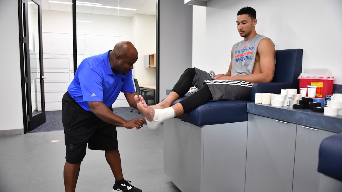 CAMDEN, NJ- SEPTEMBER 23:  Ben Simmons #25 of the Philadelphia 76ers at the official opening of The Philadelphia 76ers Training Complex on September 23, 2016 in Camden, New Jersey. NOTE TO USER: User expressly acknowledges and agrees that, by downloading and/or using this Photograph, user is consenting to the terms and conditions of the Getty Images License Agreement. Mandatory Copyright Notice: Copyright 2016 NBAE (Photo by Jesse D. Garrabrant/NBAE via Getty Images)