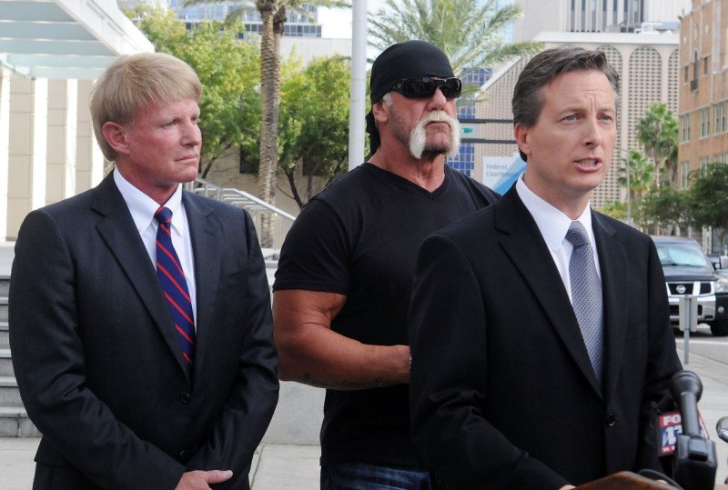 TV personality Terry Bollea aka Hulk Hogan (C) and his attorneys David Houston (L) and Charles Harder (R) attend for a press conference to discuss legal action being brought on his behalf (Gerardo Mora/Getty Images)