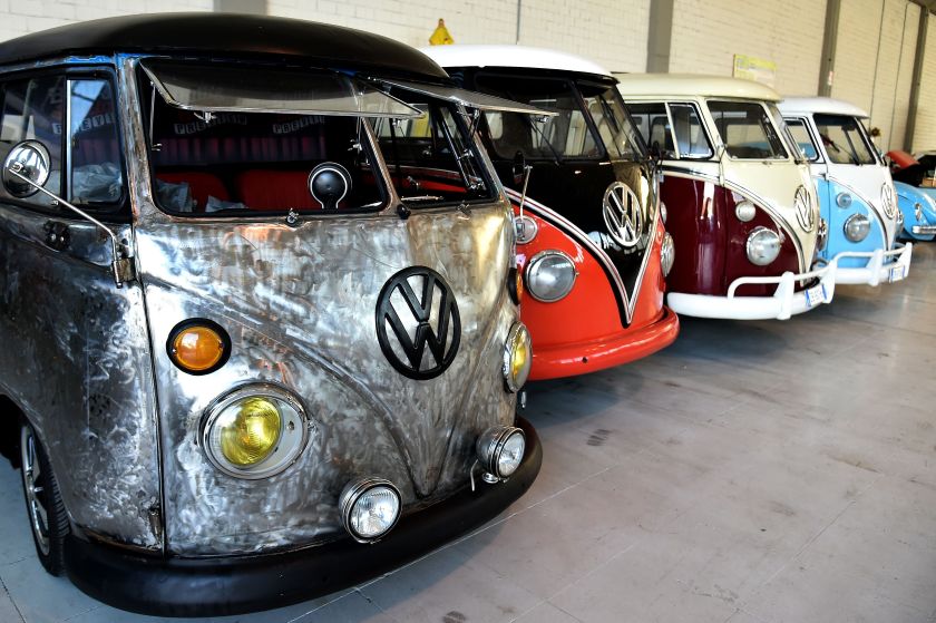 Vintage Volkswagen Kombi bus (van, transporter or camper) are parked in a garage after being completly restored by mechanics of the "T1 specialist" company, on November 3, 2016 in Florence. Campers like the legendary VW Bulli, Samba or Splitties, sometimes come from Brazil in poor condition and reborn at the garage Nucci in Florence. (Alberto Pizzoli/AFP/Getty Images)