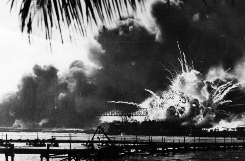 The American destroyer USS Shaw explodes during the Japanese attack on Pearl Harbour (Pearl Harbor), home of the American Pacific Fleet during World War II. (Photo by Keystone/Getty Images)