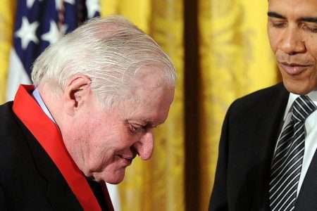 resident Barack Obama presents 2011 National Arts and Humanities Medal to poet John Ashbery during a ceremony in the East Room at the White House in Washington, DC, on February 13, 2012. (JEWEL SAMAD/AFP/Getty Images)