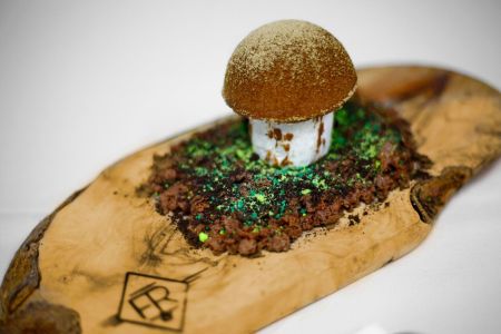 Porcini Chocolate: Dark chocolate mousse dusted with porcini powder, chocolate sponge cake, feulletine crunchy, sugar hair. Price: $30.
 (Patrick Galizio) 