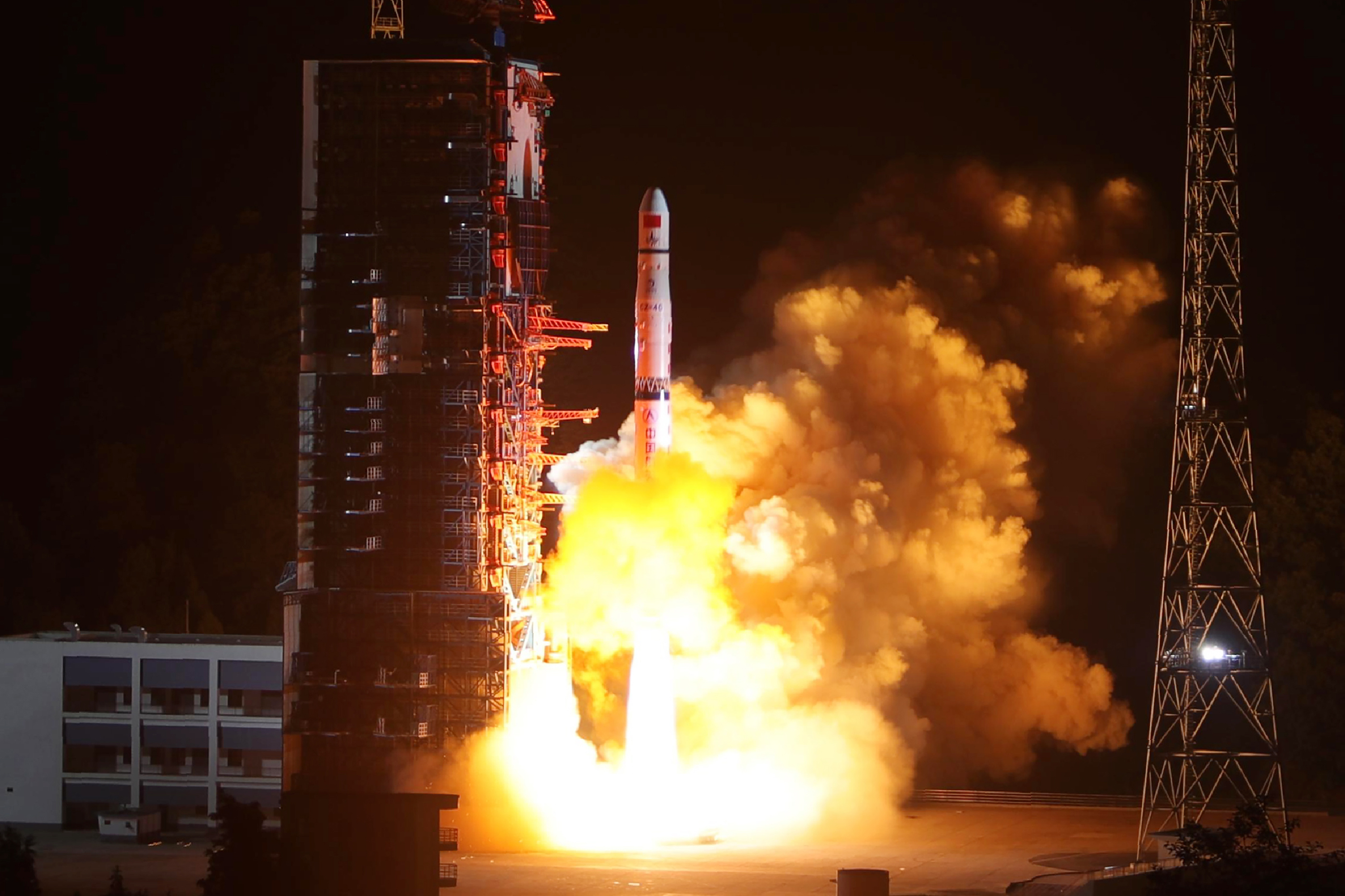 A Long March-4C rocket lifts off from the southwestern Xichang launch centre carrying the Queqiao ("Magpie Bridge") satellite in Xichang, China's southwestern Sichuan province on May 21, 2018. - China on May 21 launched a communications relay satellite that will allow a rover to send images from the far side of the Moon on an unprecedented mission later this year. (Photo by - / AFP) / China OUT        (Photo credit should read -/AFP/Getty Images)