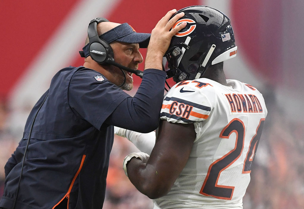 GLENDALE, AZ - SEPTEMBER 23:  Running back Jordan Howard #24 of the Chicago Bears celebrates with head coach Matt Nagy after scoring a one yard touchdown in the second half of the NFL game against the Arizona Cardinals at State Farm Stadium on September 23, 2018 in Glendale, Arizona.  (Photo by Jennifer Stewart/Getty Images)