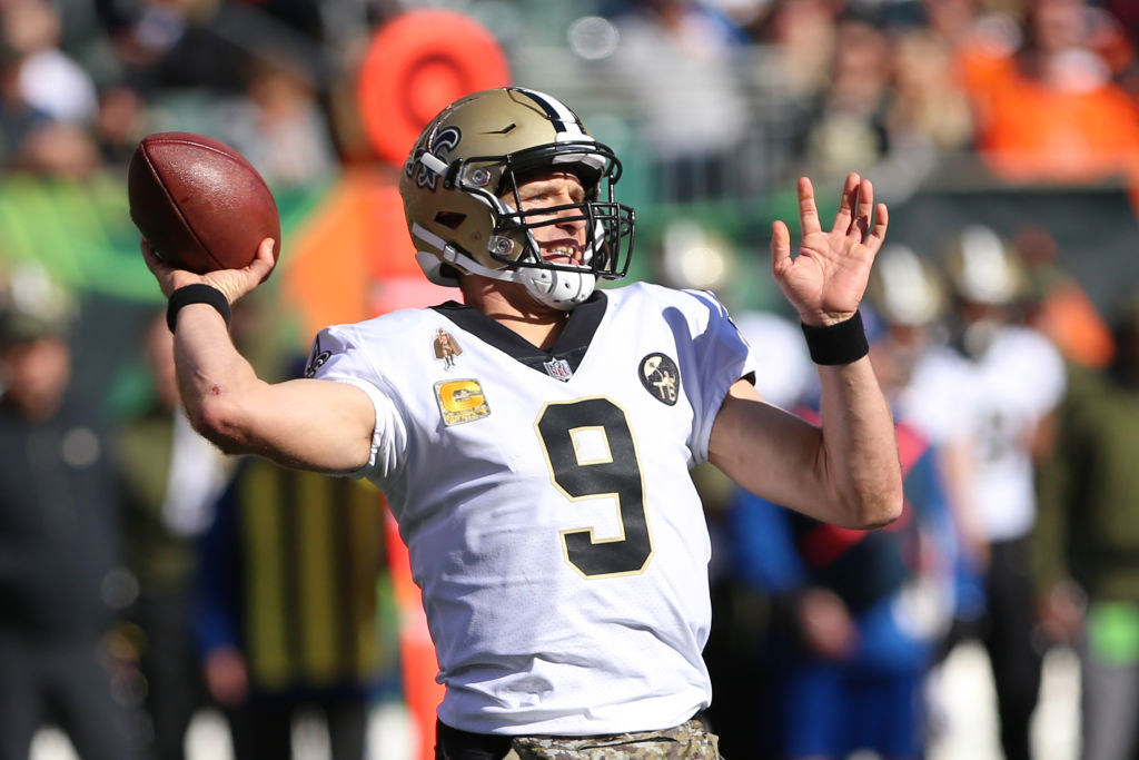 New Orleans Saints quarterback Drew Brees (9) passes the ball during the game against the New Orleans Saints and the Cincinnati Bengals on November 11th 2018, at Paul Brown Stadium in Cincinnati, OH. (Photo by Ian Johnson/Icon Sportswire via Getty Images)