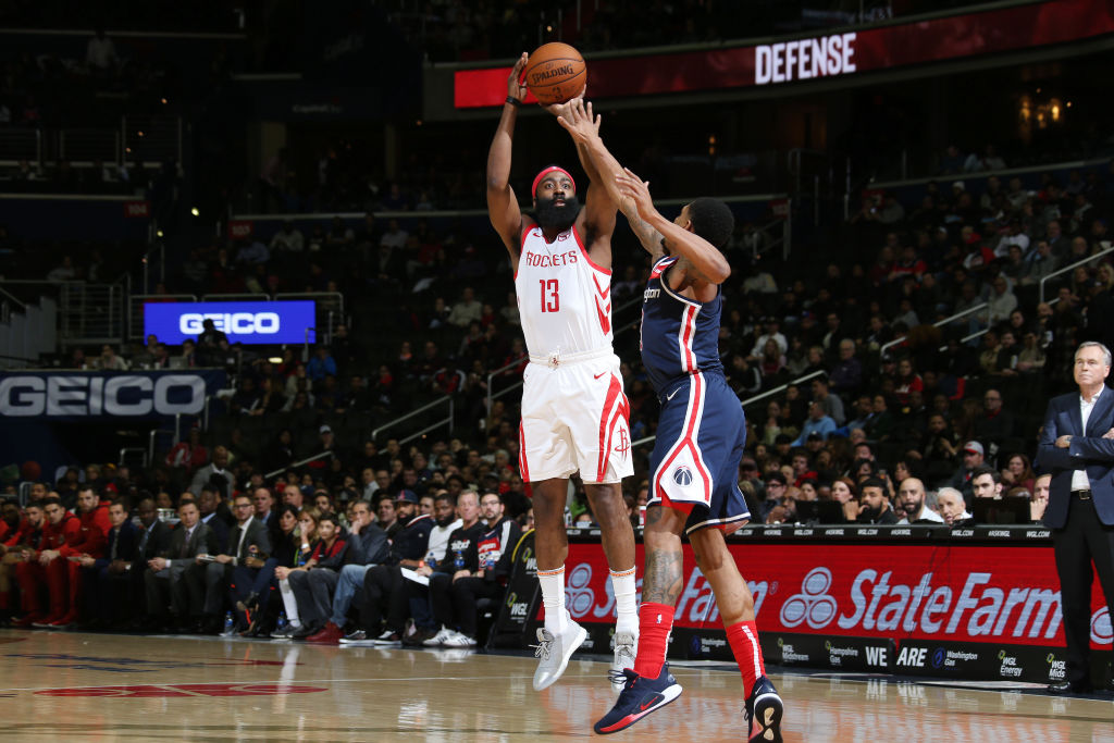 WASHINGTON, DC -  NOVEMBER 26:  James Harden #13 of the Houston Rockets shoots the ball against the Washington Wizards on November 26, 2018 at Capital One Arena in Washington, DC. (Photo by Stephen Gosling/NBAE via Getty Images)