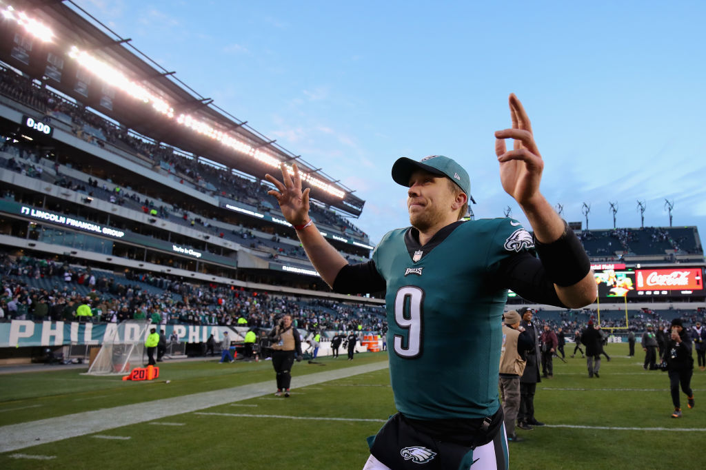 PHILADELPHIA, PA - DECEMBER 23:  Quarterback Nick Foles #9 of the Philadelphia Eagles runs off the field after their 32-30 win over the Houston Texans at Lincoln Financial Field on December 23, 2018 in Philadelphia, Pennsylvania.  (Photo by Brett Carlsen/Getty Images)