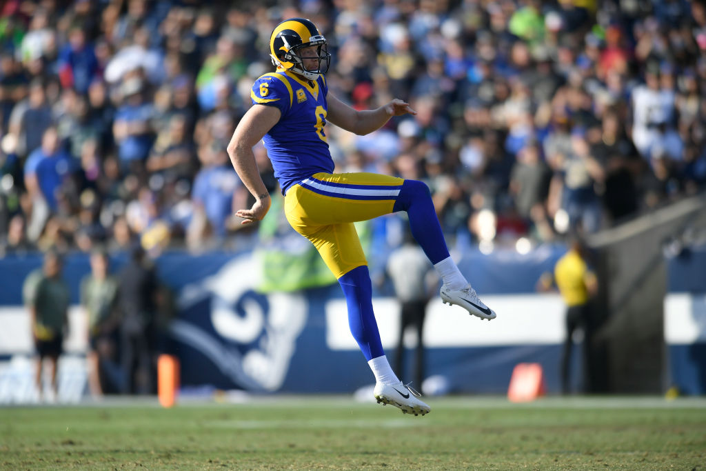 LOS ANGELES, CA - NOVEMBER 11: Johnny Hekker #6 of the Los Angeles Rams punts the ball to the Seattle Seahawks at Los Angeles Memorial Coliseum on November 11, 2018 in Los Angeles, California. The Rams won 36-31. (Photo by John McCoy/Getty Images)