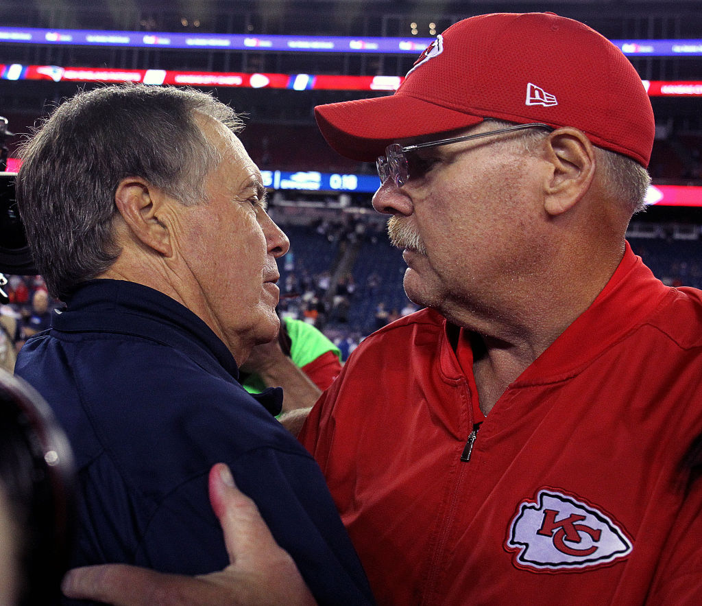 FOXBOROUGH, MA - SEPTEMBER 7: New England Patriots head coach Bill Belichick and Kansas City Chiefs head coach Andy Reid share a hug after the game. The New England Patriots host the Kansas City Chiefs in the NFL regular season football opener at Gillette Stadium in Foxborough, MA on Sep. 7, 2017. (Photo by Barry Chin/The Boston Globe via Getty Images)