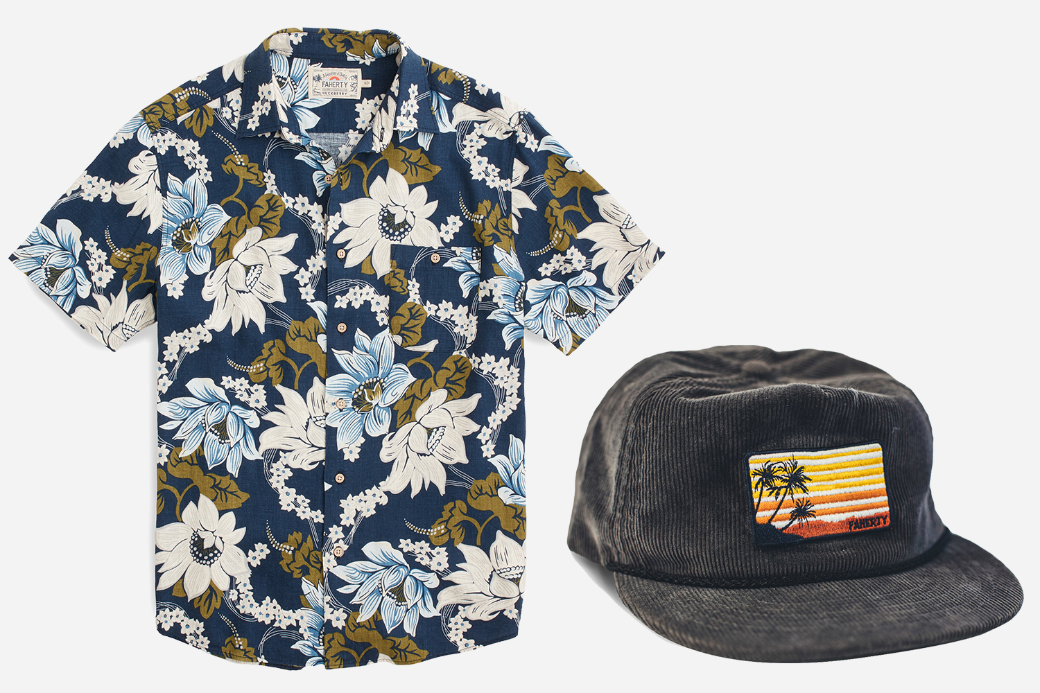 Faherty's Huckberry Collection Hawaiian Shirt and Cord Hat