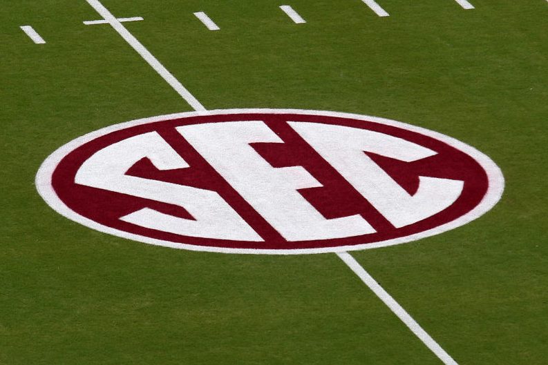 The SEC logo painted on the field for a game.  (Michael Wade/Icon Sportswire via Getty)