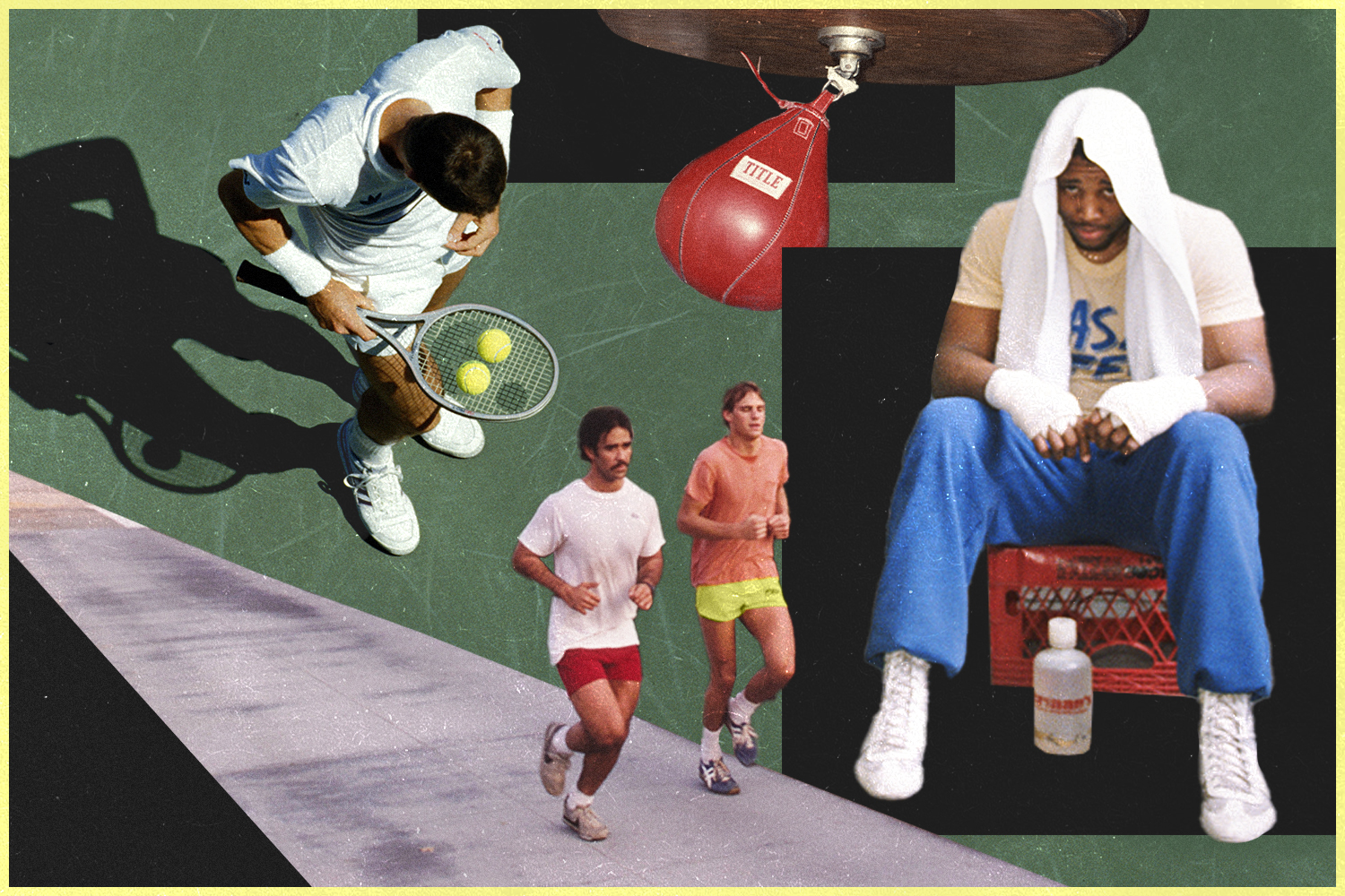 A collage of men running, boxing and practicing tennis.