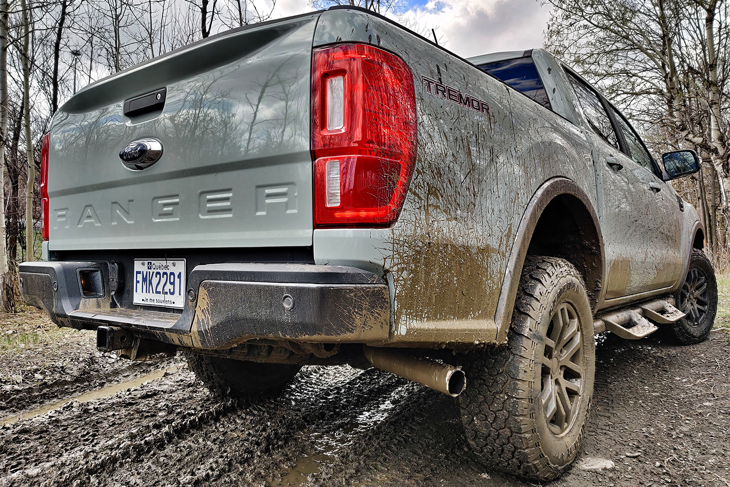 The back end of the 2021 Ford Ranger Tremor pickup truck after going off road