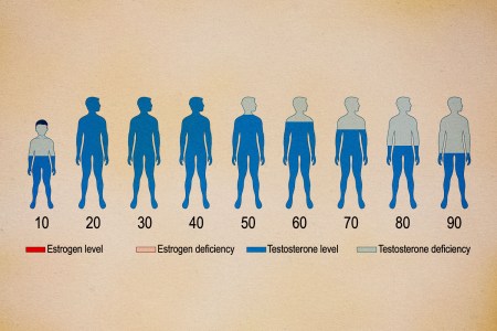 An infograph shows the decline in testosterone levels men experience with age