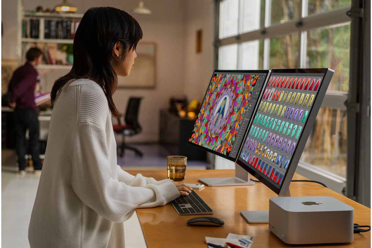 A woman at a standup desk using the new Mac Studio and Studio Display