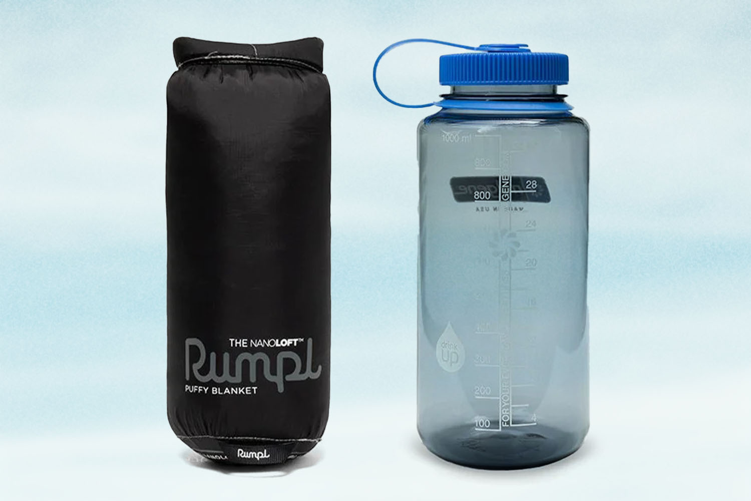 Rumpl to lay a travel blanket next to a Nalgene bottle.