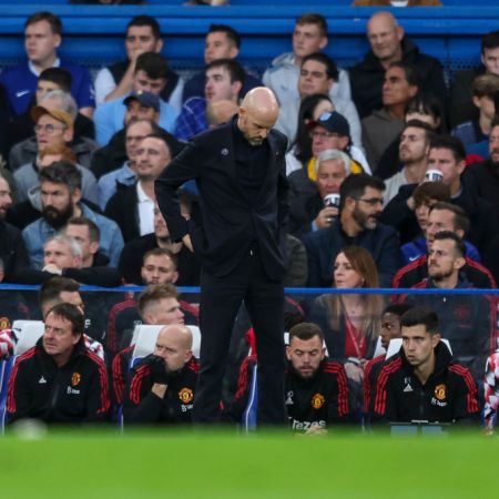 Head Coach Erik ten Hag of Manchester United during the Premier League match against Chelsea FC at Stamford Bridge during which homophobic chants were heard.