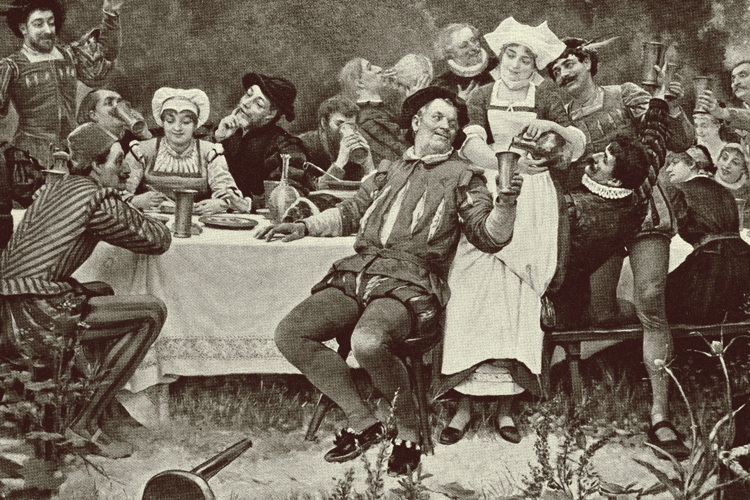 an old timey feast in black and white with lots of wine being poured