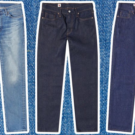 a collage of Levi's jeans on a light blue background