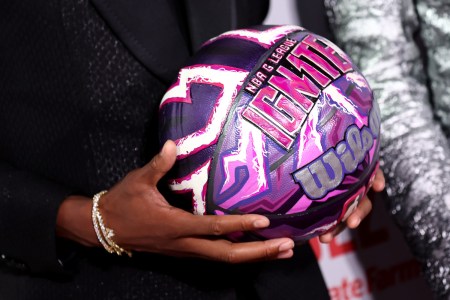 A detailed view of the G League Ignite ball held by MarJon Beauchamp during the 2022 NBA Draft at Barclays Center on June 23, 2022 in New York City.