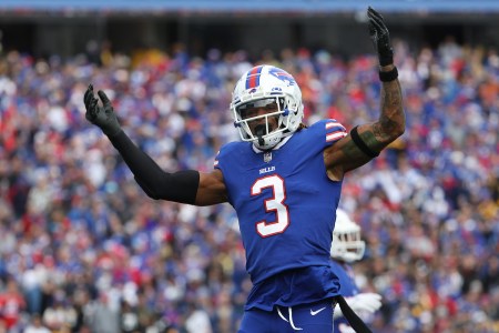 Damar Hamlin #3 of the Buffalo Bills reacts after a missed Pittsburgh Steelers field goal during the second quarter at Highmark Stadium on October 09, 2022 in Orchard Park, New York.