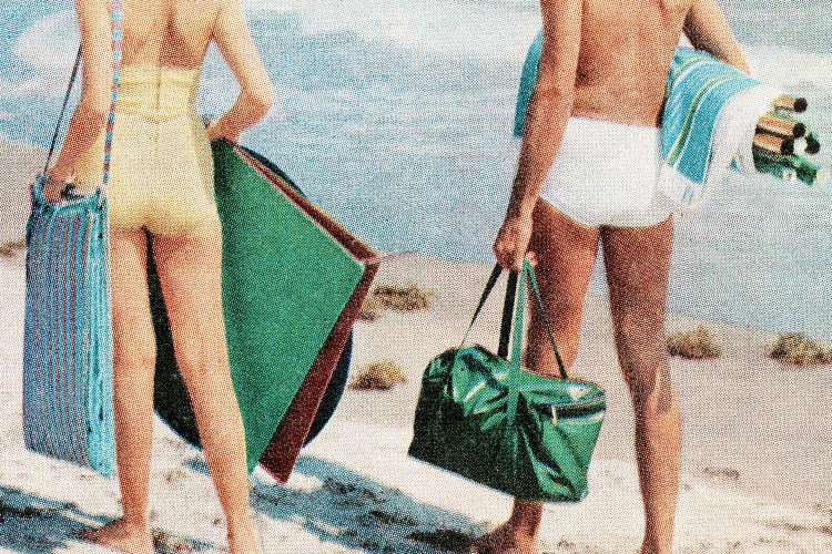 Vintage art of a couple hauling gear at the beach