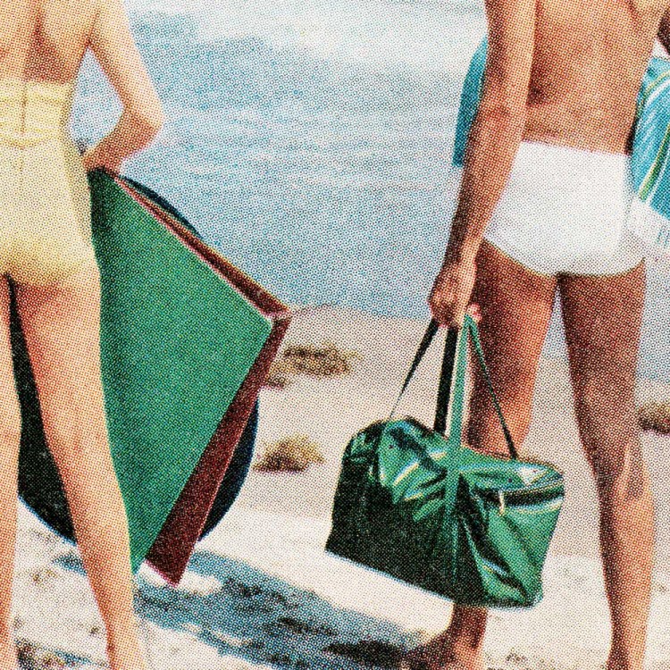 Vintage art of a couple hauling gear at the beach
