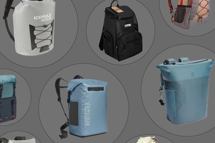 The best backpack coolers for 2024, in grey circle backgrounds.