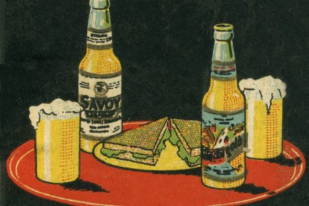 A graphic of beer and sandwiches on a red table.