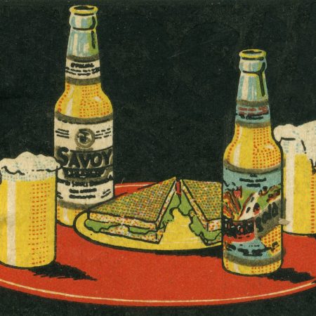 A graphic of beer and sandwiches on a red table.