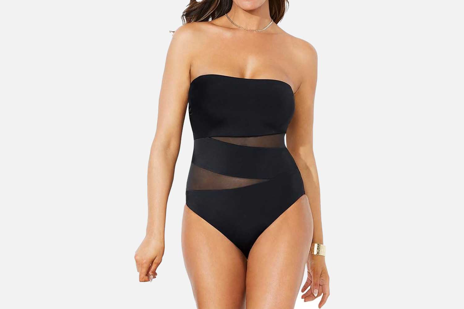 Swimsuits for All Mesh Wrap Bandeau One Piece Swimsuit