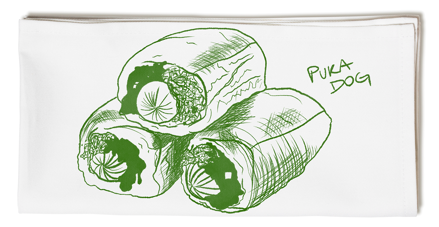 green illustration of a puka hot dog