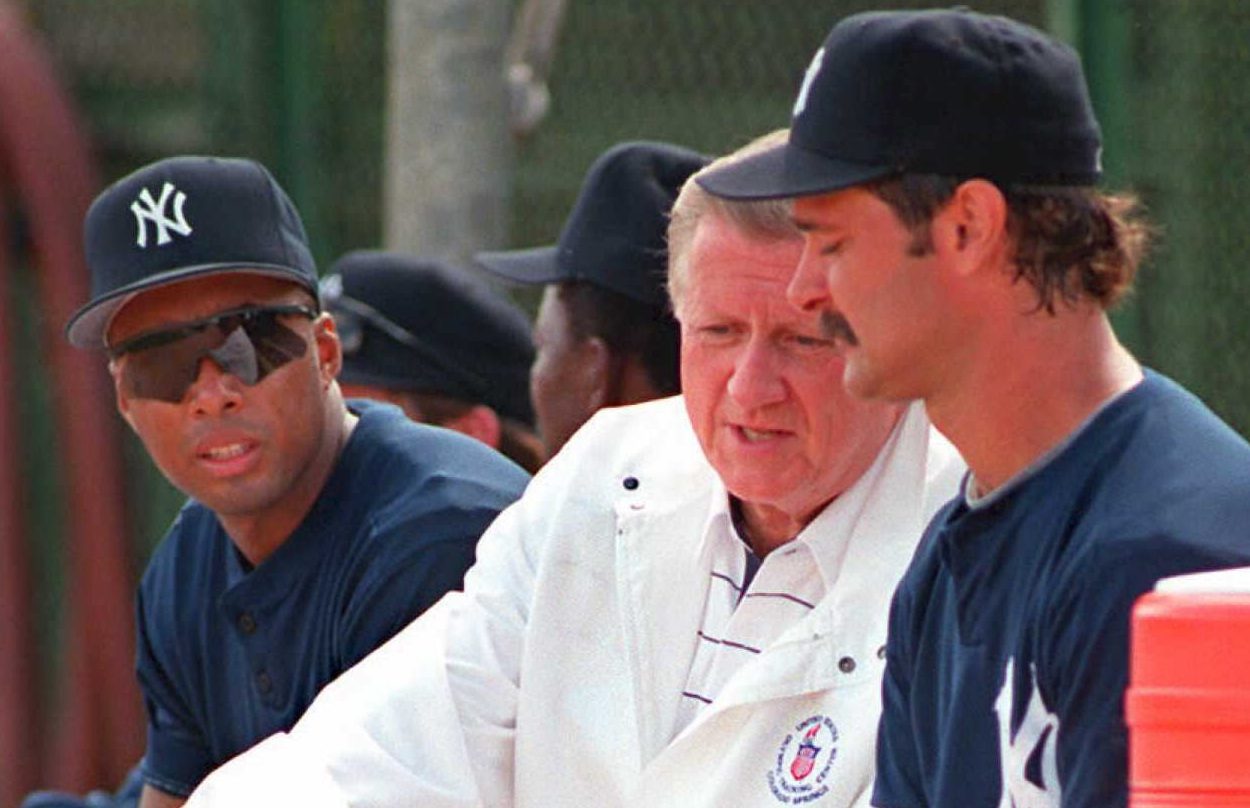 Late Yankees owner George Stienbrenner with Don Mattingly and Bernie Williams.