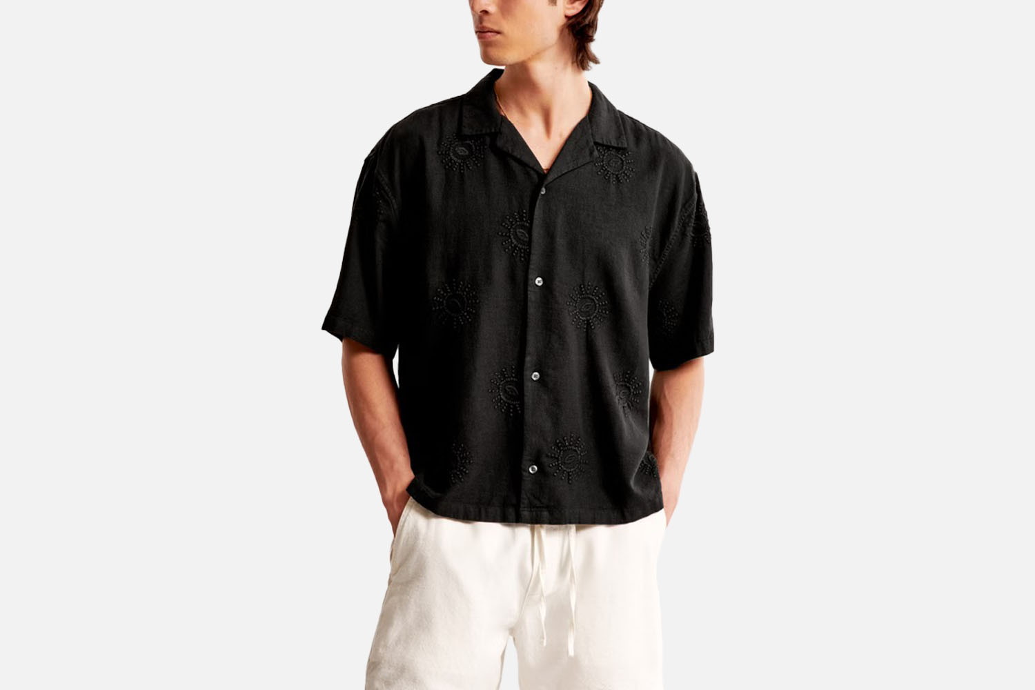 The "Flaunt It if You Got It" Crop: Abercrombie & Fitch Camp Collar Cropped Summer Linen-Blend Embroidered Shirt