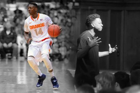 A split image featuring Kaleb Joseph (L) playing basketball for Syracuse and Joseph again (R) talking to an audience.