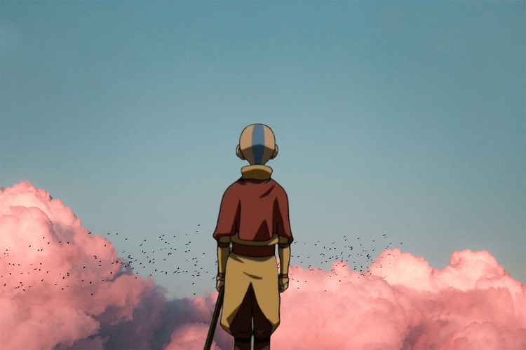Aang from "Avatar: The Last Airbender" looking out at clouds of pink and blue.