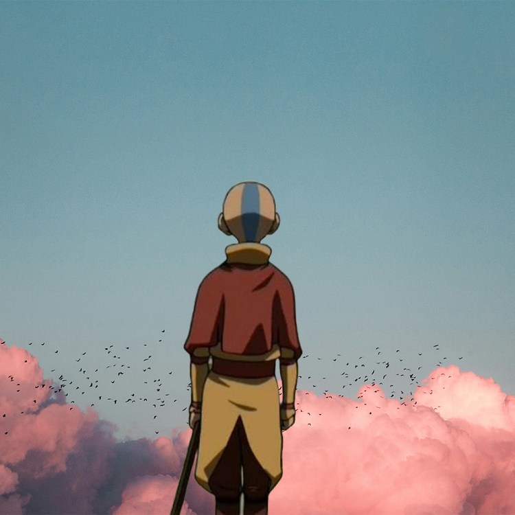 Aang from "Avatar: The Last Airbender" looking out at clouds of pink and blue.
