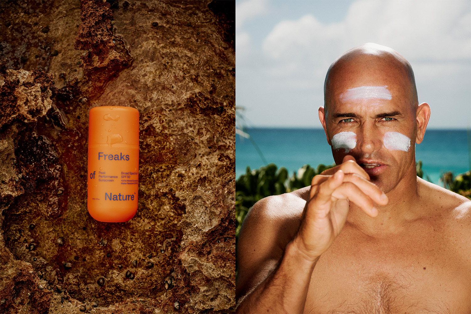 A split image of Kelly Slater with sunscreen on his face, and a bottle of sunscreen from his new skincare company Freaks of Nature