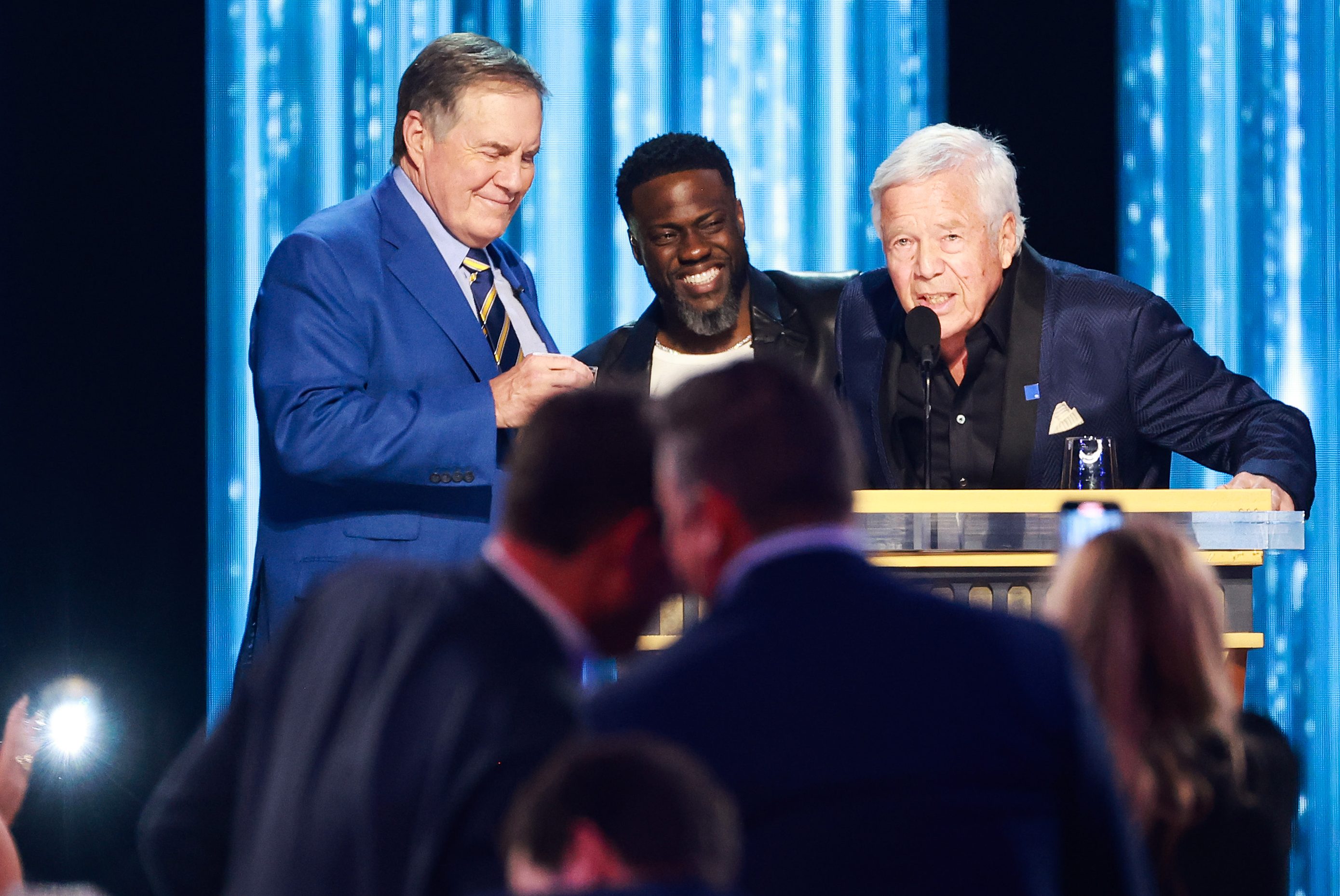 Bill Belichick with Kevin Hart and Robert Kraft.