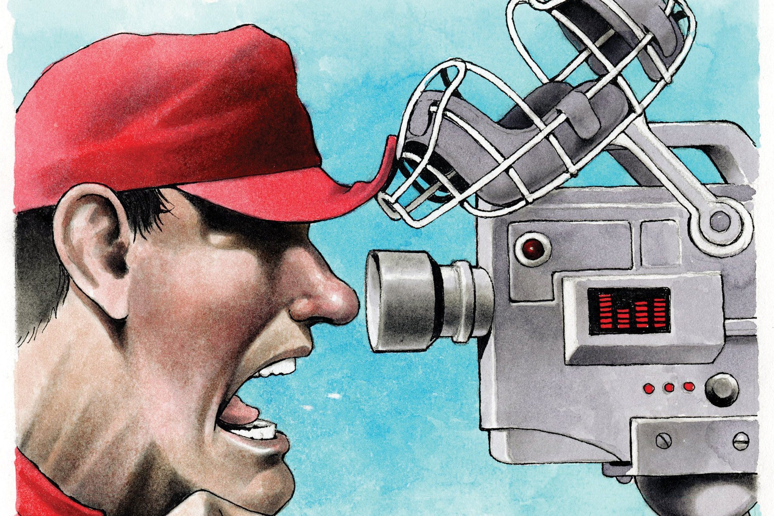 An illustration of an MLB manager arguing with a robotic umpire.