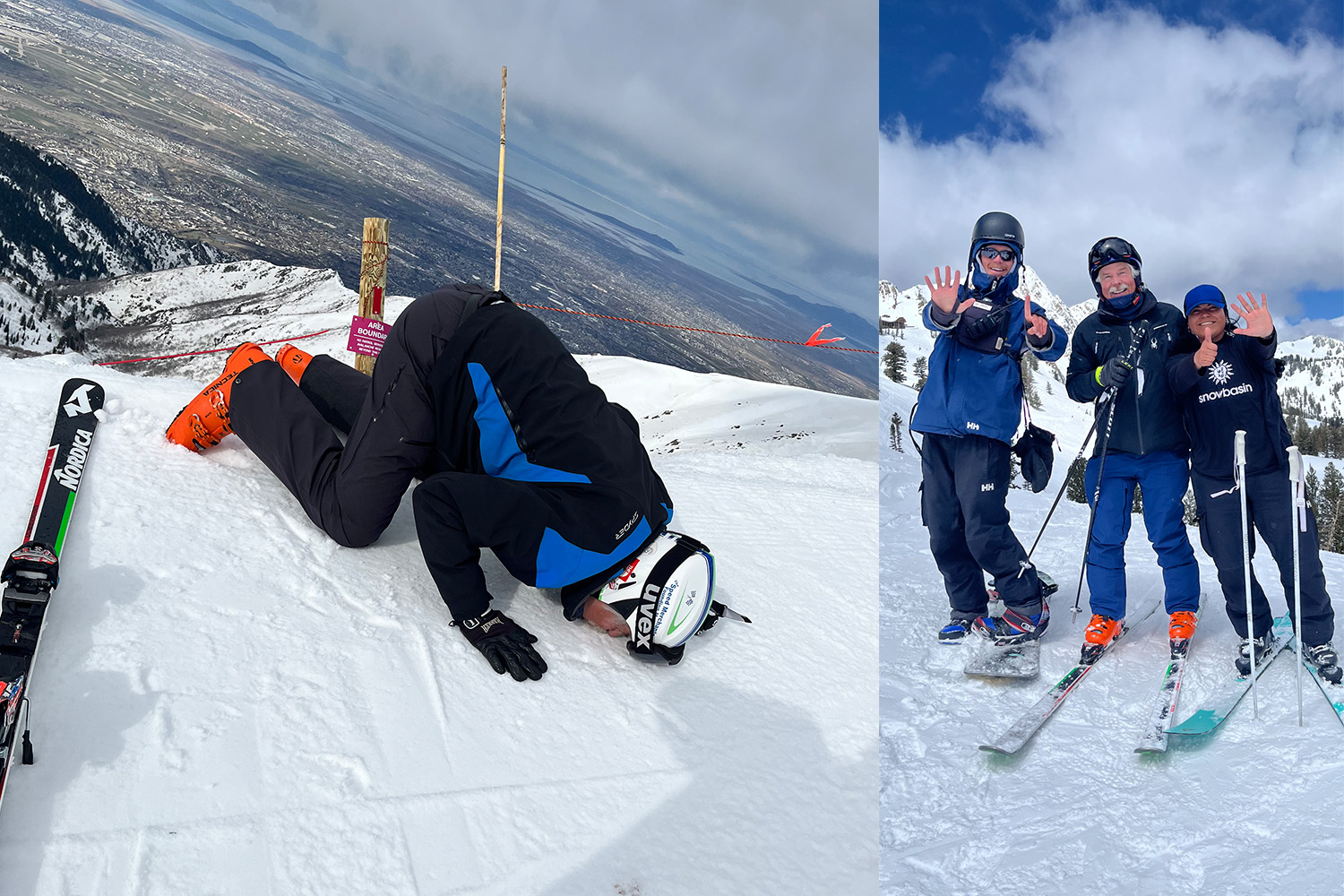 A split image: on the left, Racer Tom kissing the snow, and on the right, him celebrating with skiing friends.