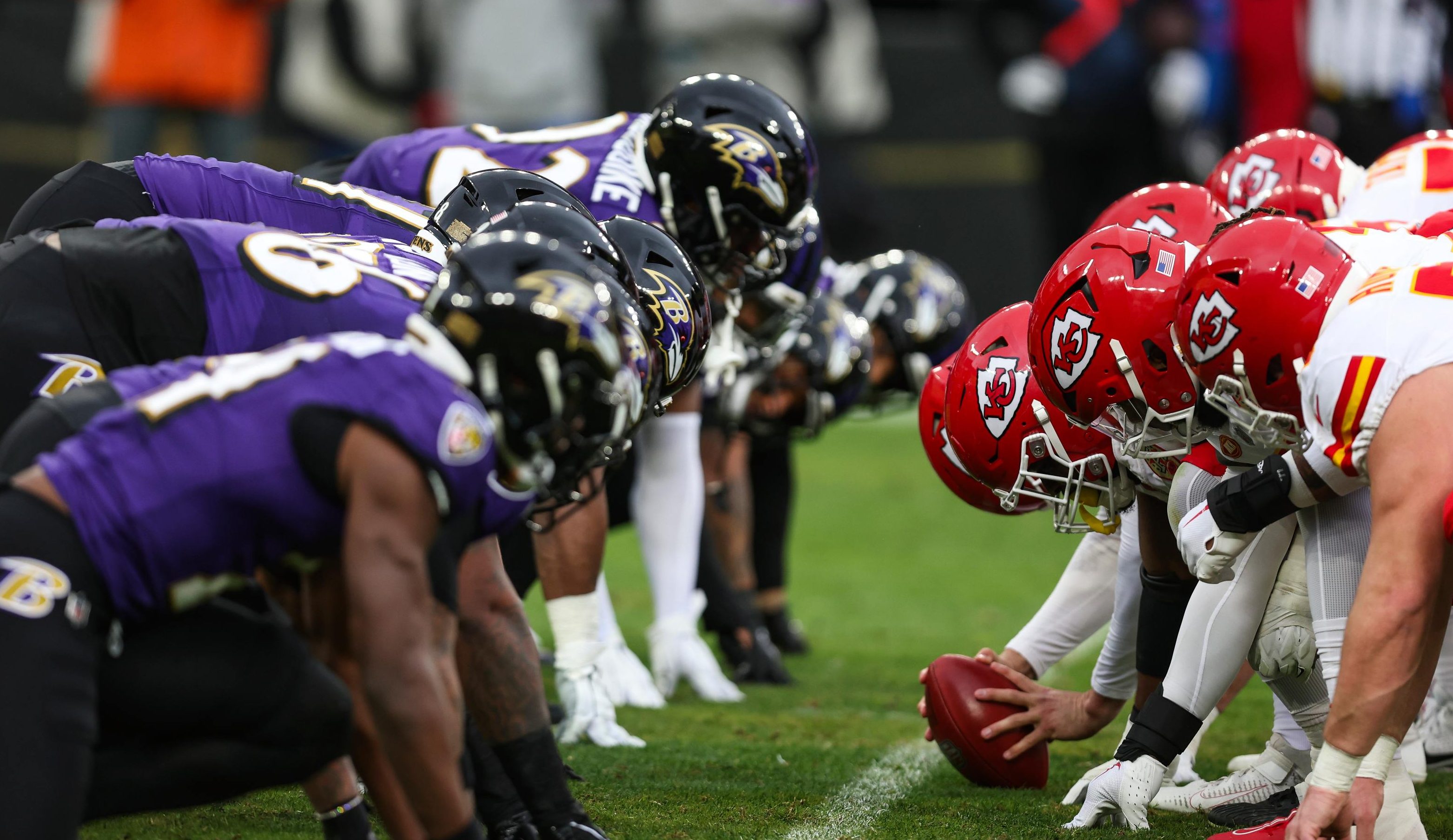 The Baltimore Ravens line up agains the Kansas City Chiefs.