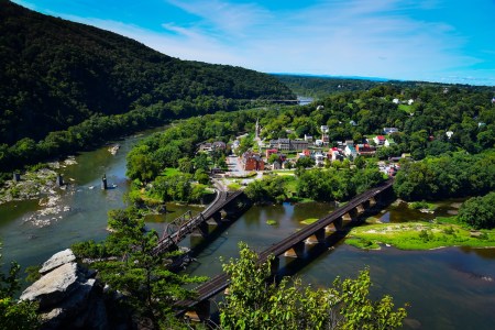 A view of Harpers Ferry, WV, cradled by the Potomac River