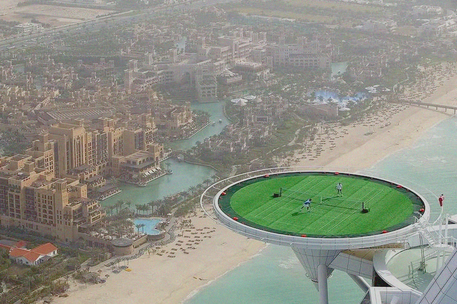 The match between Roger Federer and Andre Agassi atop Burj Al Arab Jumeirah February 2005