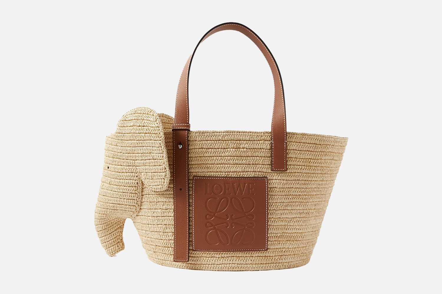 Loewe Elephant Leather-Trimmed Raffia Tote Bag