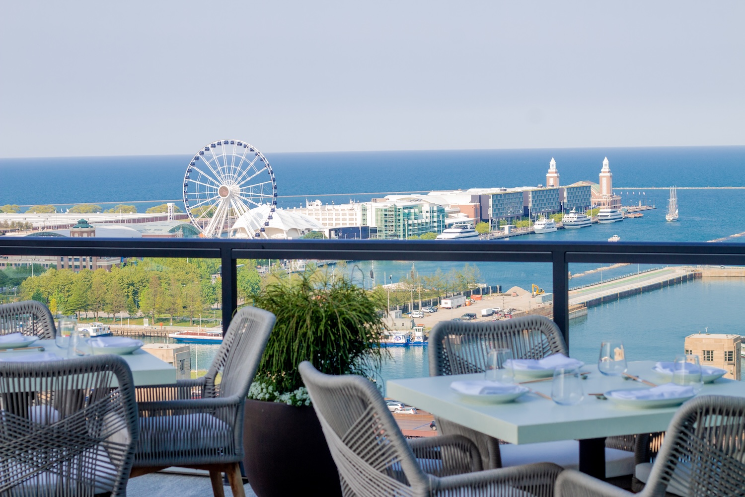 Miru's patio features stunning views of Downtown Chicago, Navy Pier, and Lake Michigan