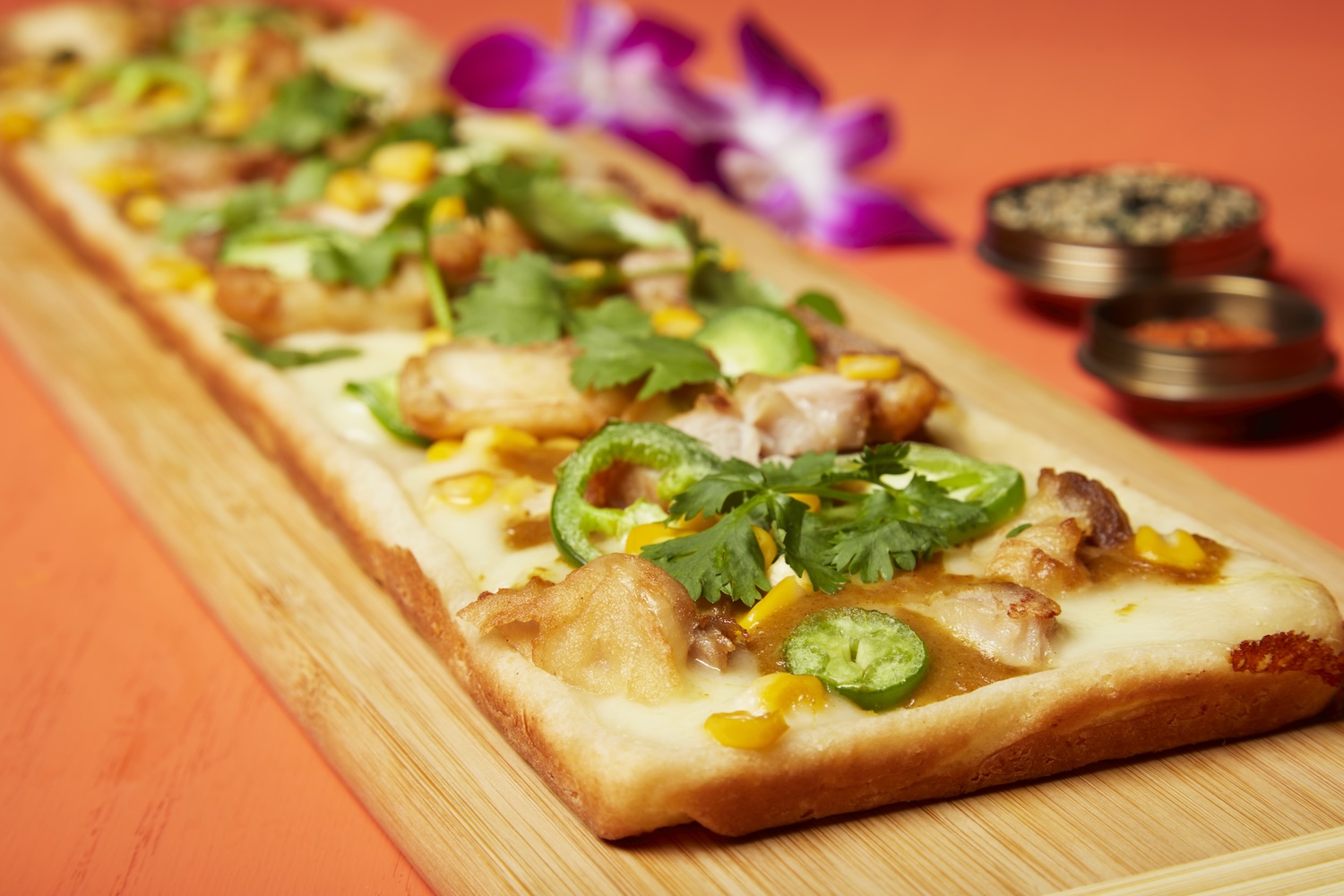 Mochiko's chicken curry pizza, made gluten free using mochiko flour